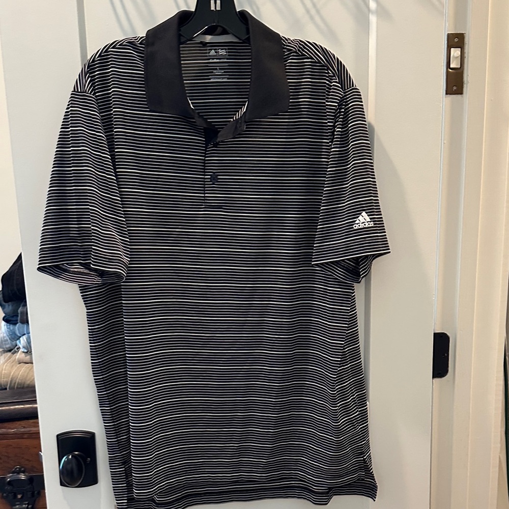 adidas Men’s Black Polo with White Thin Stripes